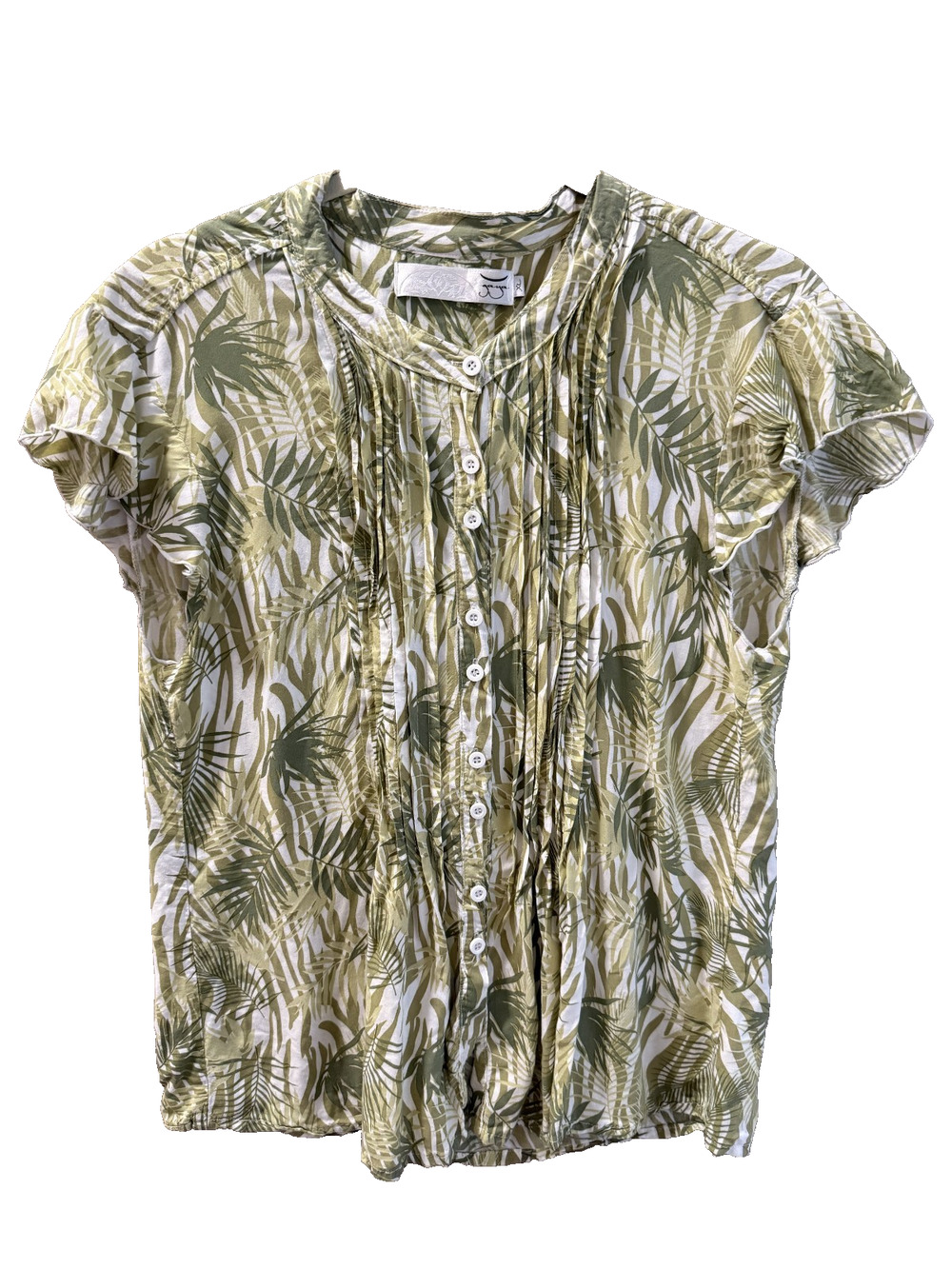 Gaya Bamboo print Shirt Women's XL Front Pintucks Resortwear. Beach Vacation